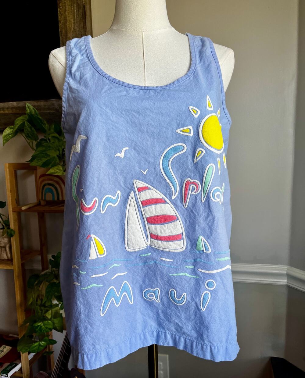 Vintage 80s Maui Tank Top Puff Paint Blue Hawaii Size Large